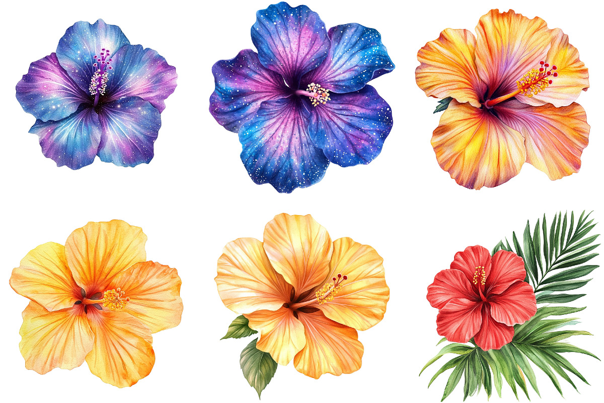 Watercolor Hibiscus Flowers Clipart, an Illustration by CitraGraphics (Photo 3 of 4)