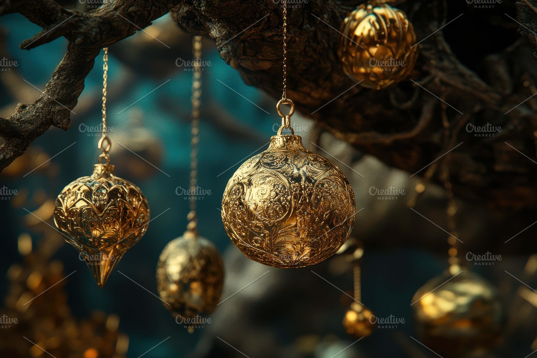 Golden ornate ornaments hanging from, a Photo by Tanuart