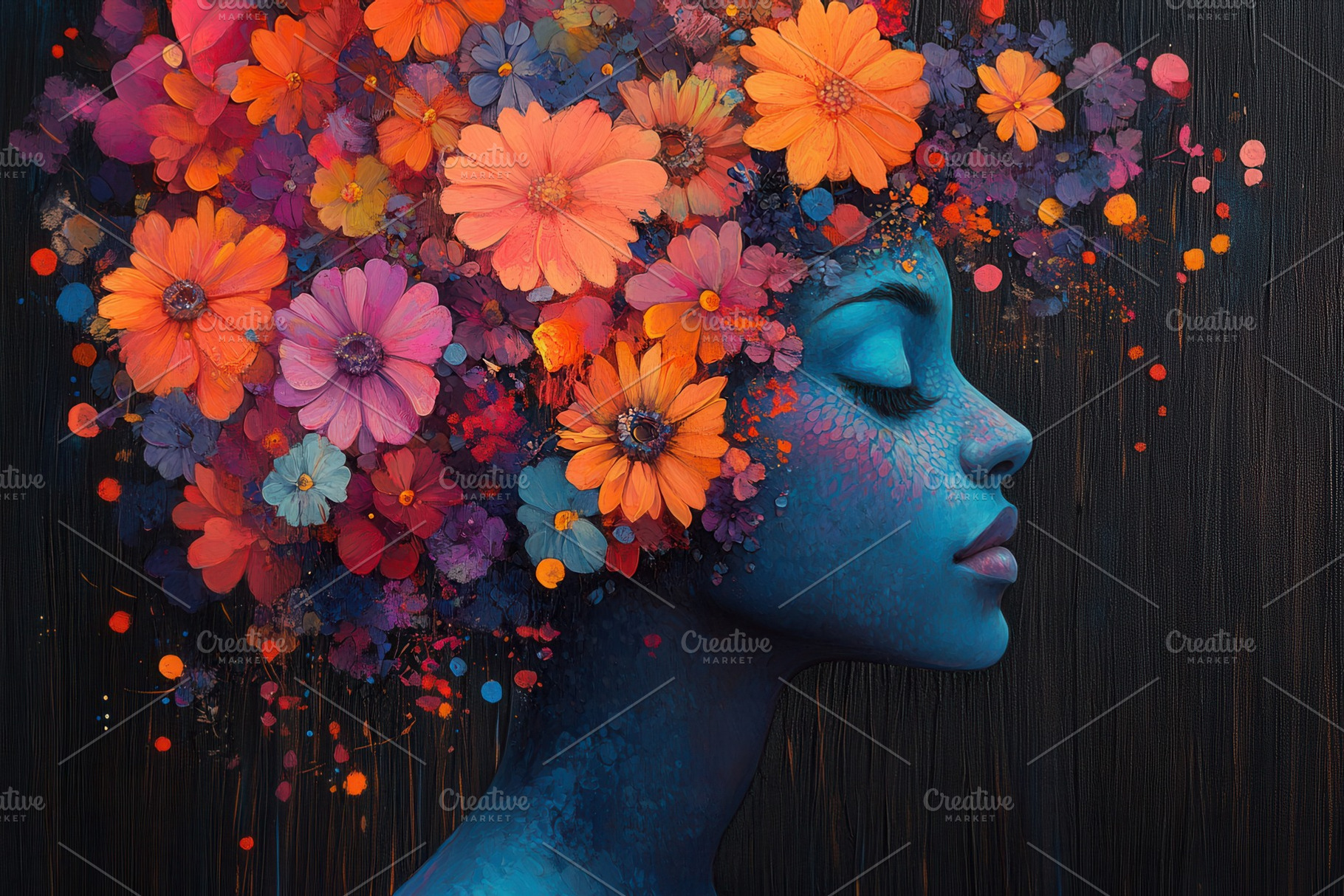Vibrant portrait of a woman with a f, a Photo by Tanuart
