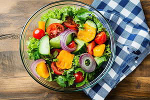 Fresh salad with vegetables in bowl, organic healthy food, a Food & Drink Photo by AlyaAnd