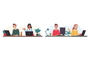Support call center people working