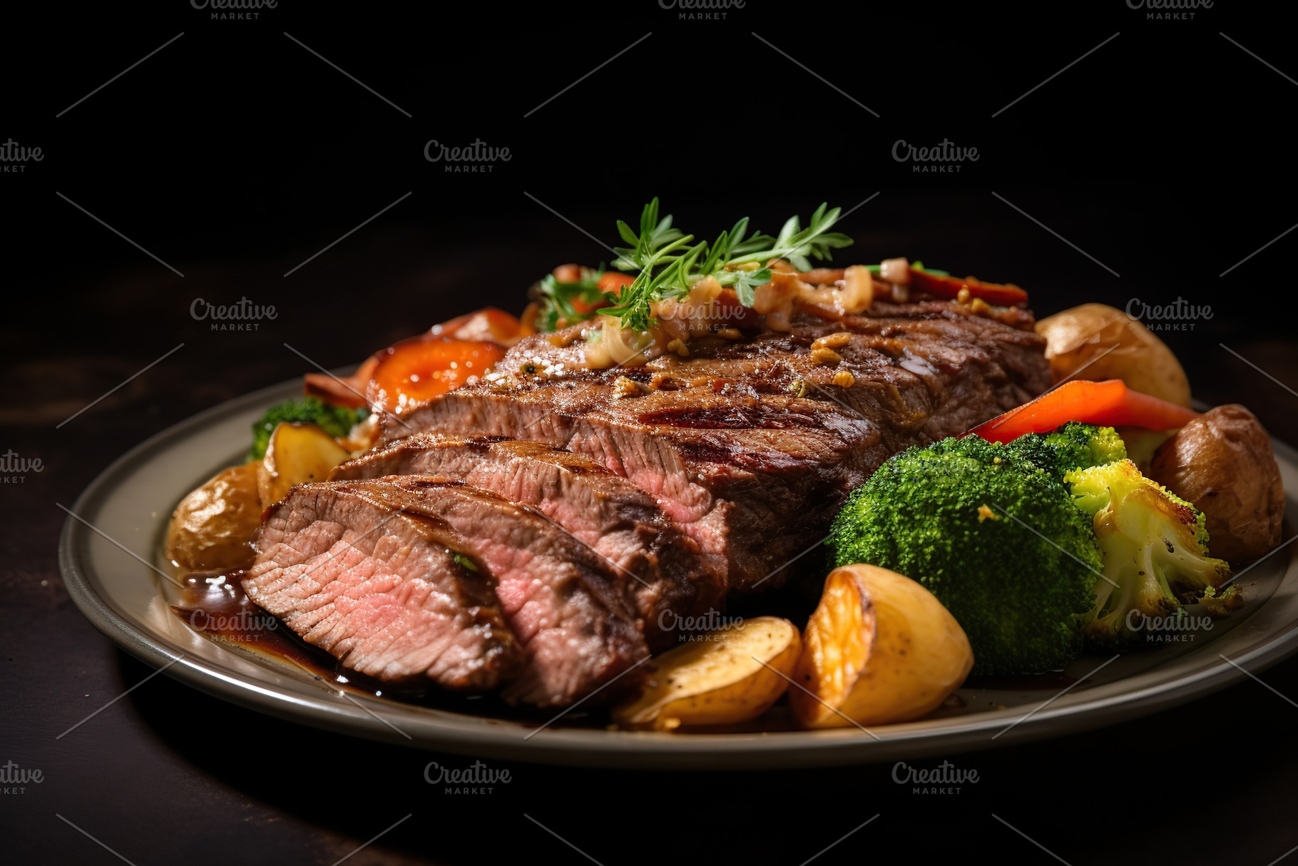 BBQ meat with vegetables on wooden table, a Food & Drink Photo by AlyaAnd