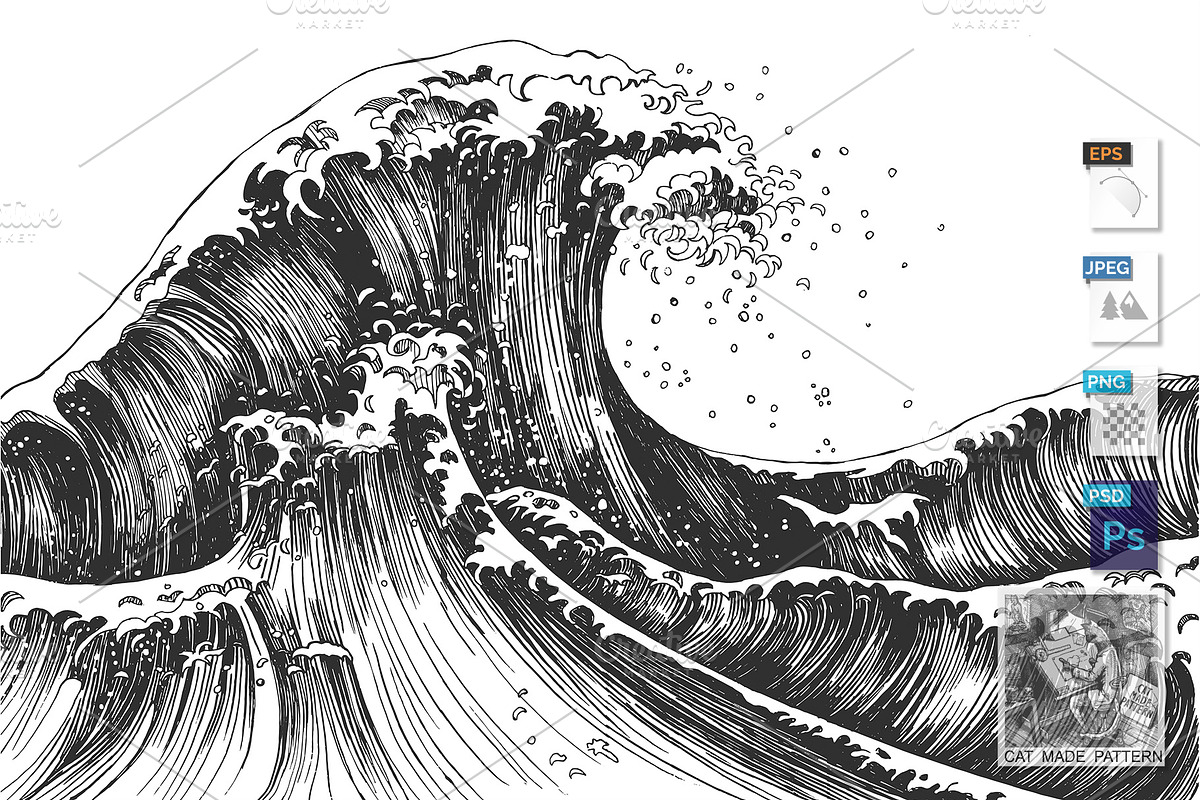 Japanese style ocean or sea waves, a Decorative Illustration by CatMadePattern