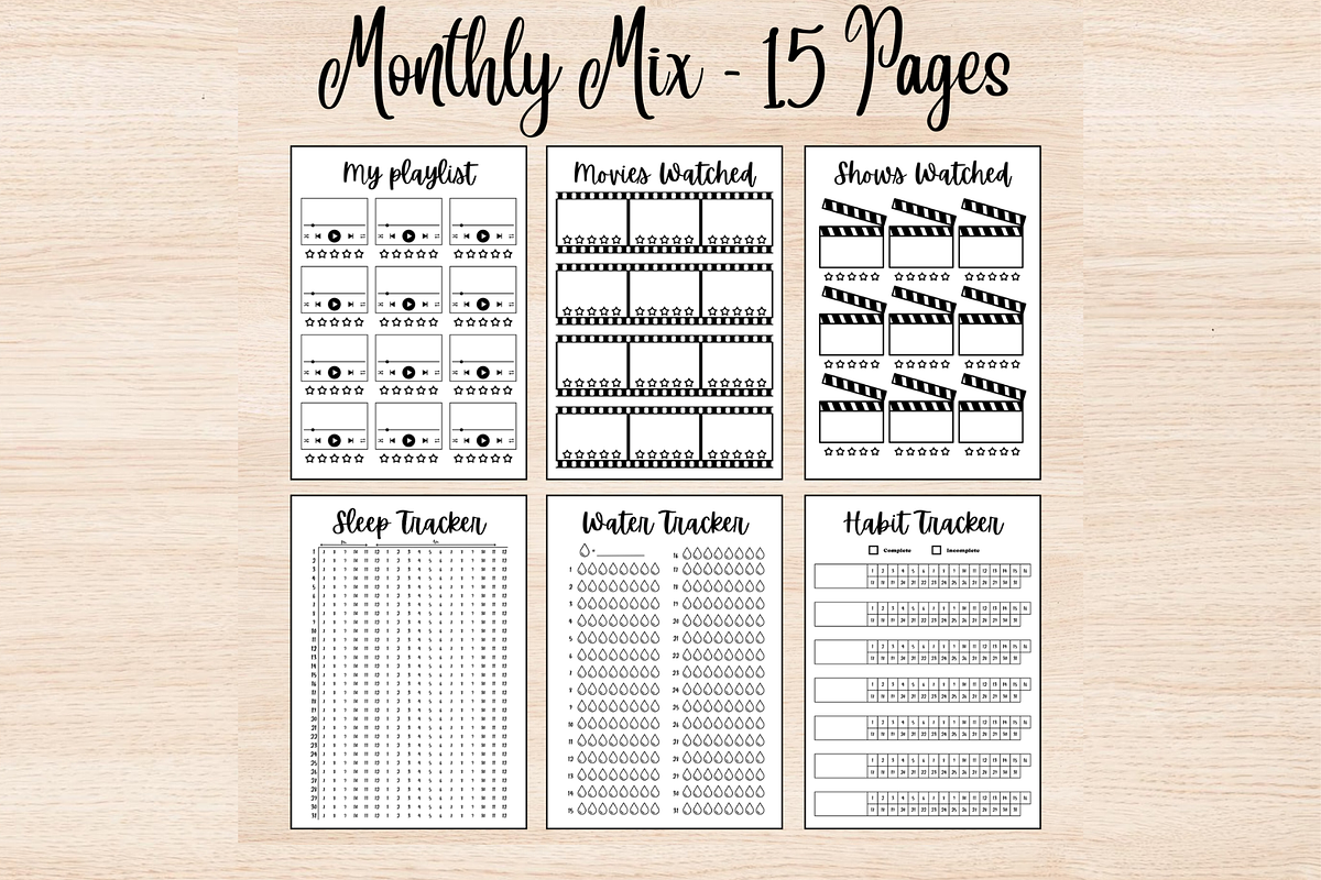 Monthly Mix Bullet Journal Trackers, a Stationery Template by DigitalDoodlesToday
