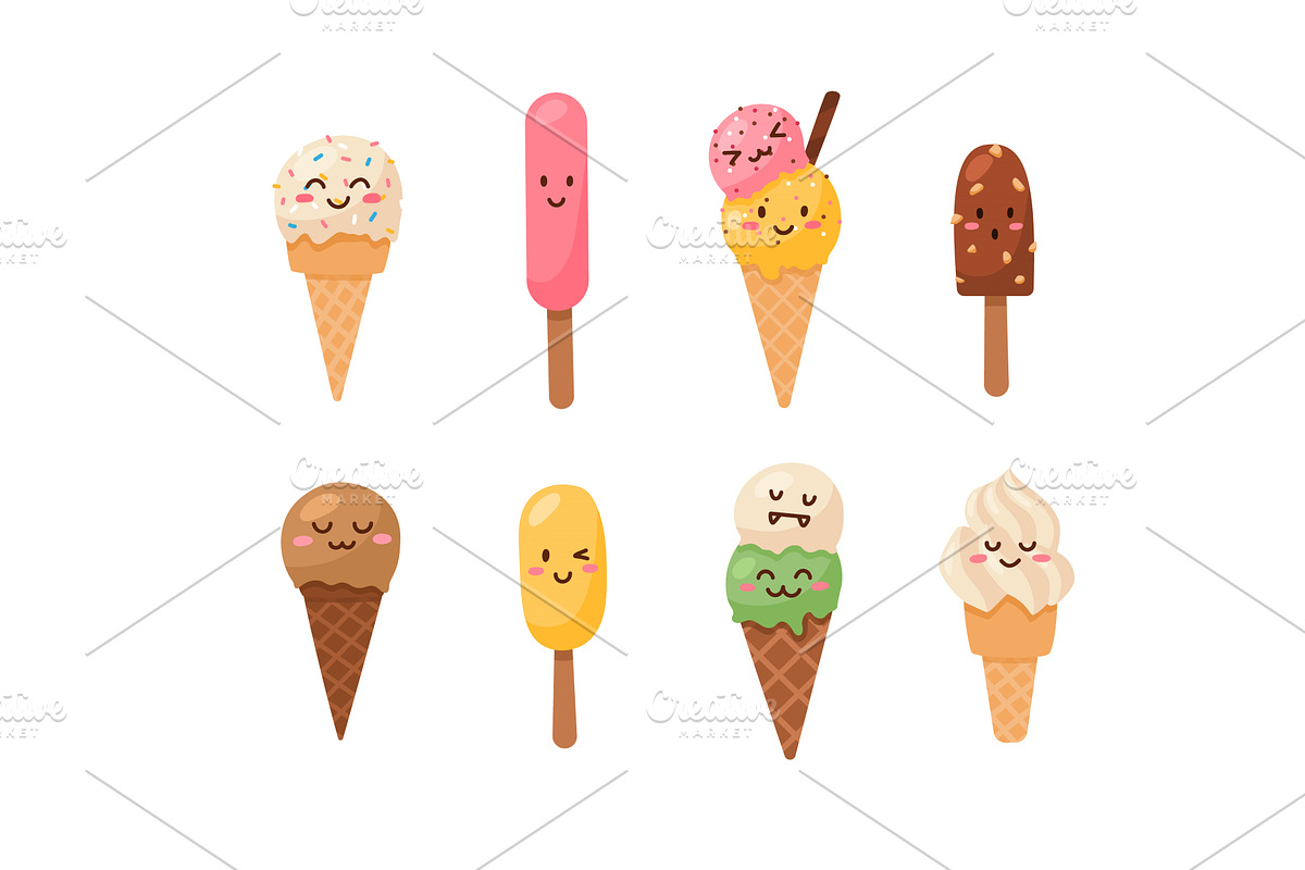 Ice cream with funny cartoon faces, a Food Illustration by Sabelskaya