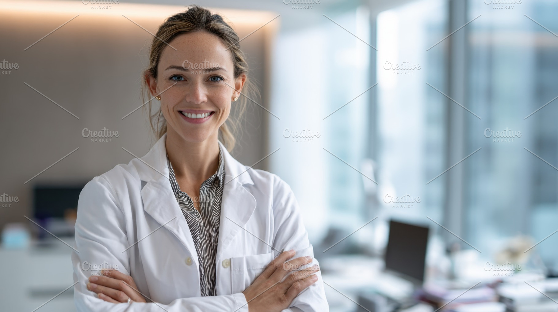 Woman in lab coat smiles in office, a Photo by Beautiful things
