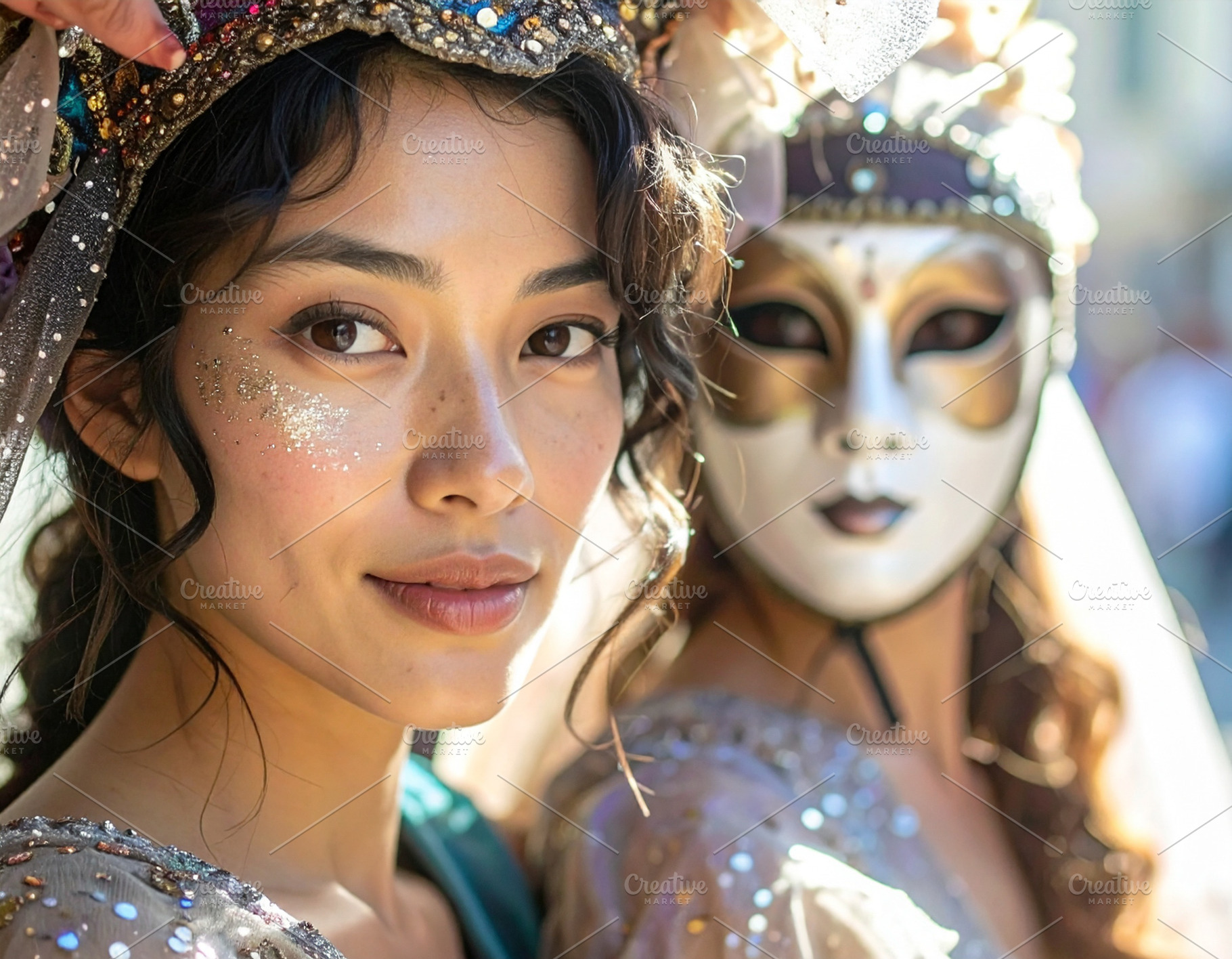 Beauty young woman with a handmade mask on a carnival costume, a Person Photo by DanFLCreativo