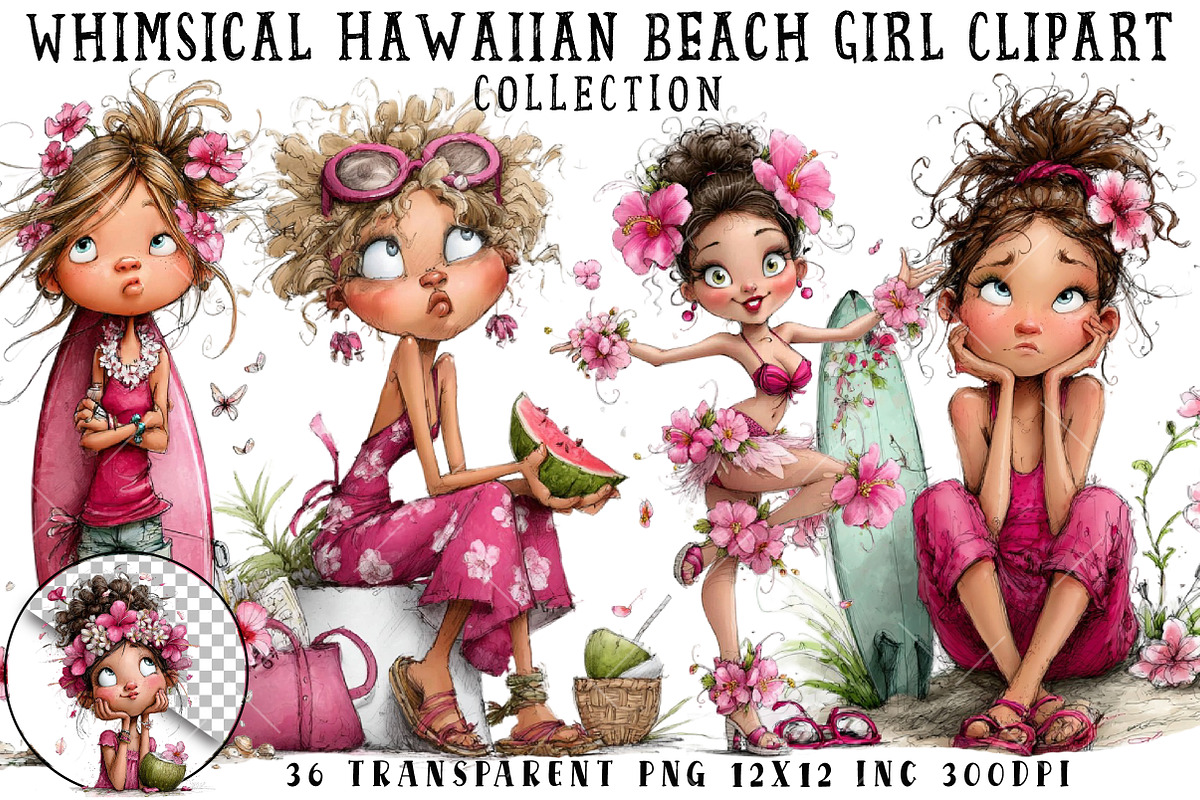 Whimsical Hawaiian Beach Girl Clipar, an Illustration by OK Design (Photo 1 of 3)