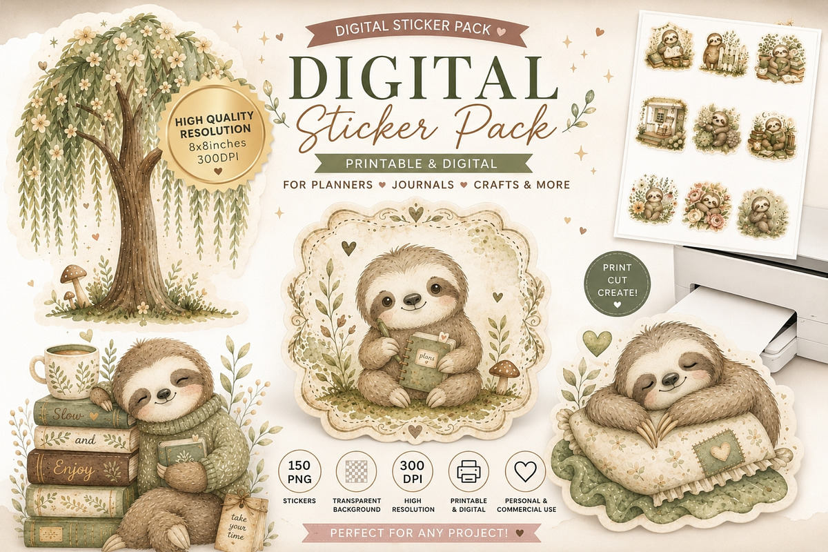 Sloth PNG Clipart Sticker Pack, an Animal Illustration by Nicole Branger Art (Photo 1 of 11)
