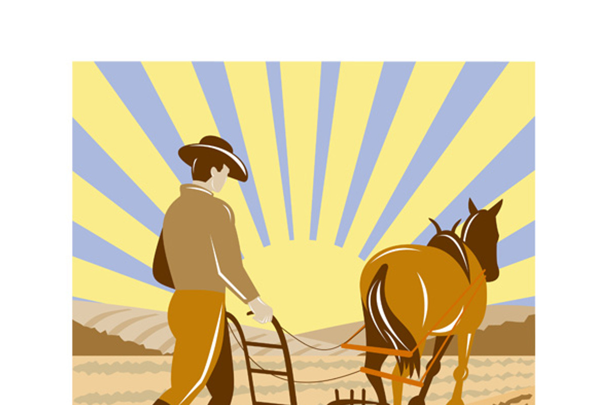 Farmer Horse Plowing Farm, an Illustration by patrimonio