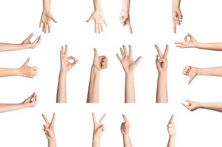Sign language. Collage with female h, a Background Photo by Prostock-Studio