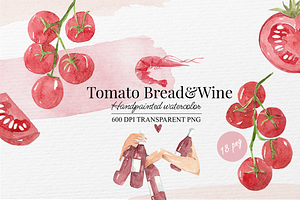 Tomato Bread Wine Watercolor Clipart