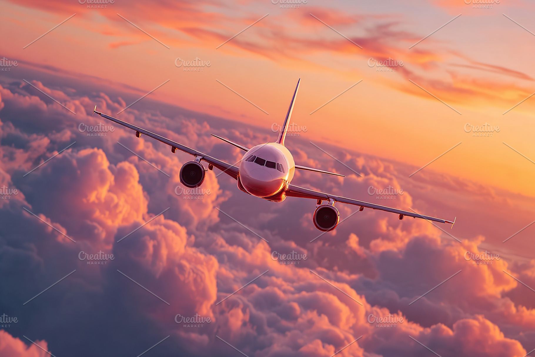 Airplane gliding through vibrant clouds at sunset over the horizon, a Photo by AlyaAnd