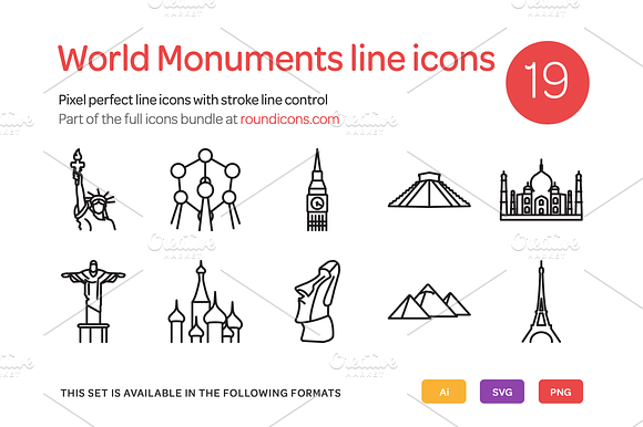 World Monuments Line Icons Set