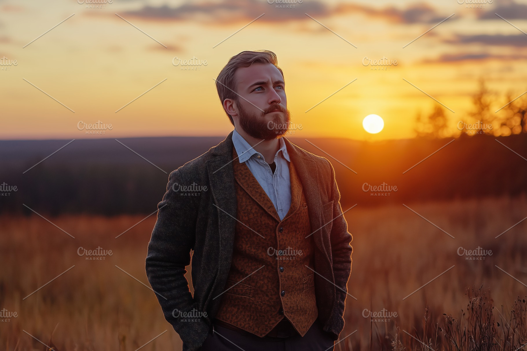 A man with a beard stands in a field during sunset, wearing a stylish outfit wi, a Person Photo by Textures & Backgrounds
