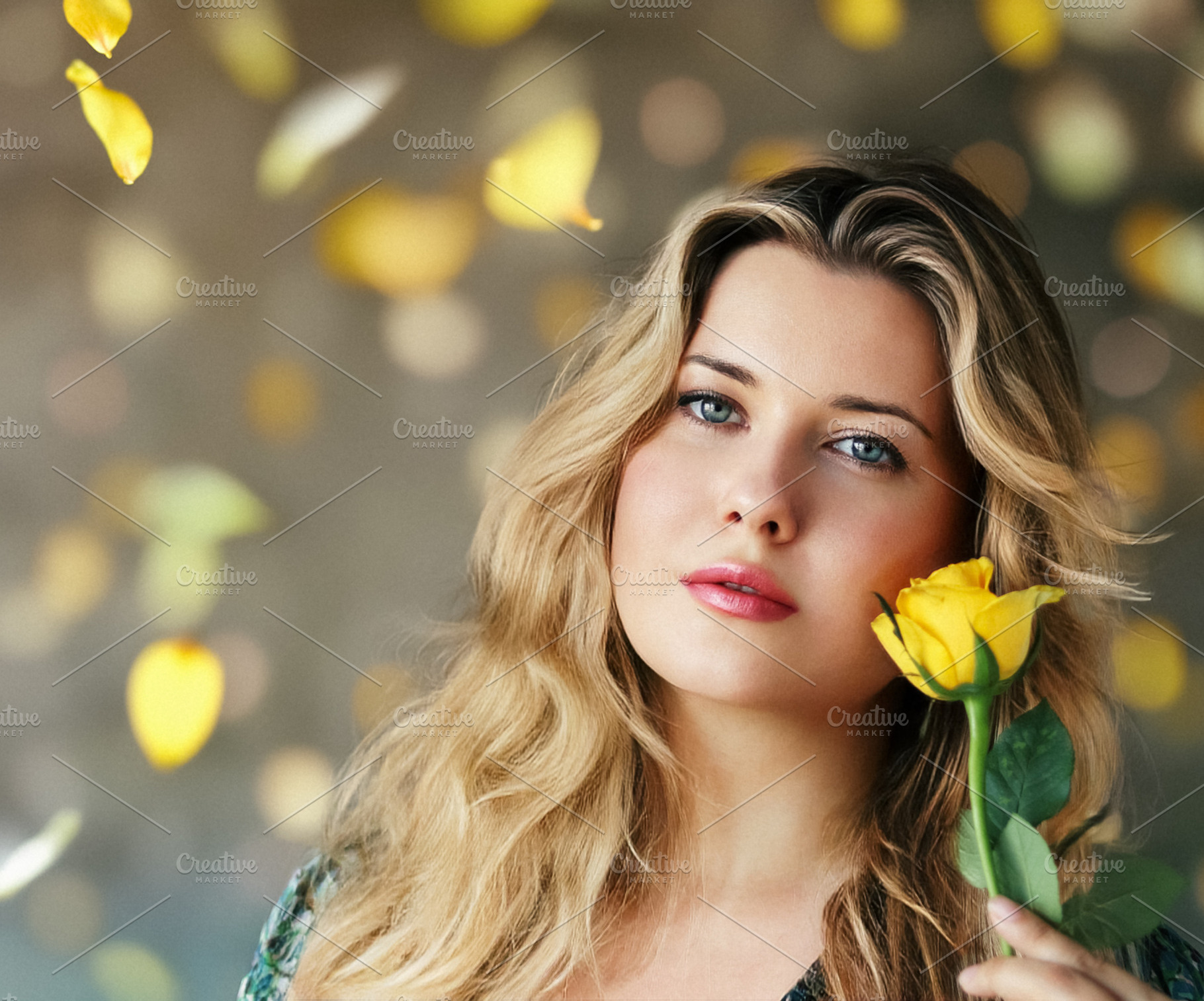 Blonde woman gently holding a yellow rose, soft falling petals c, a Person Photo by Studio ANNA