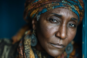 Portrait of an African senior woman in a colorful headscarf with a thoughtful g, a Photo by AS photostudio