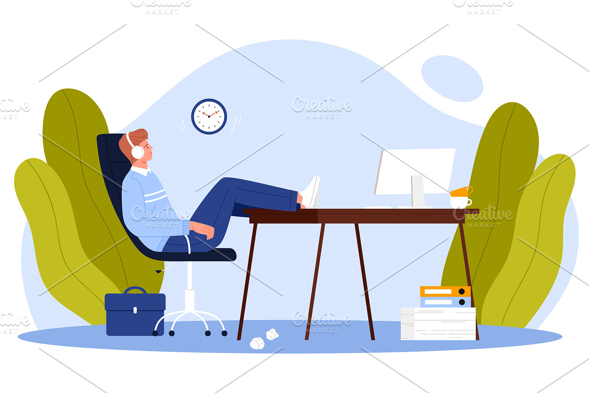 Man Procrastinating at Office Desk, a Person Illustration by Flashvector
