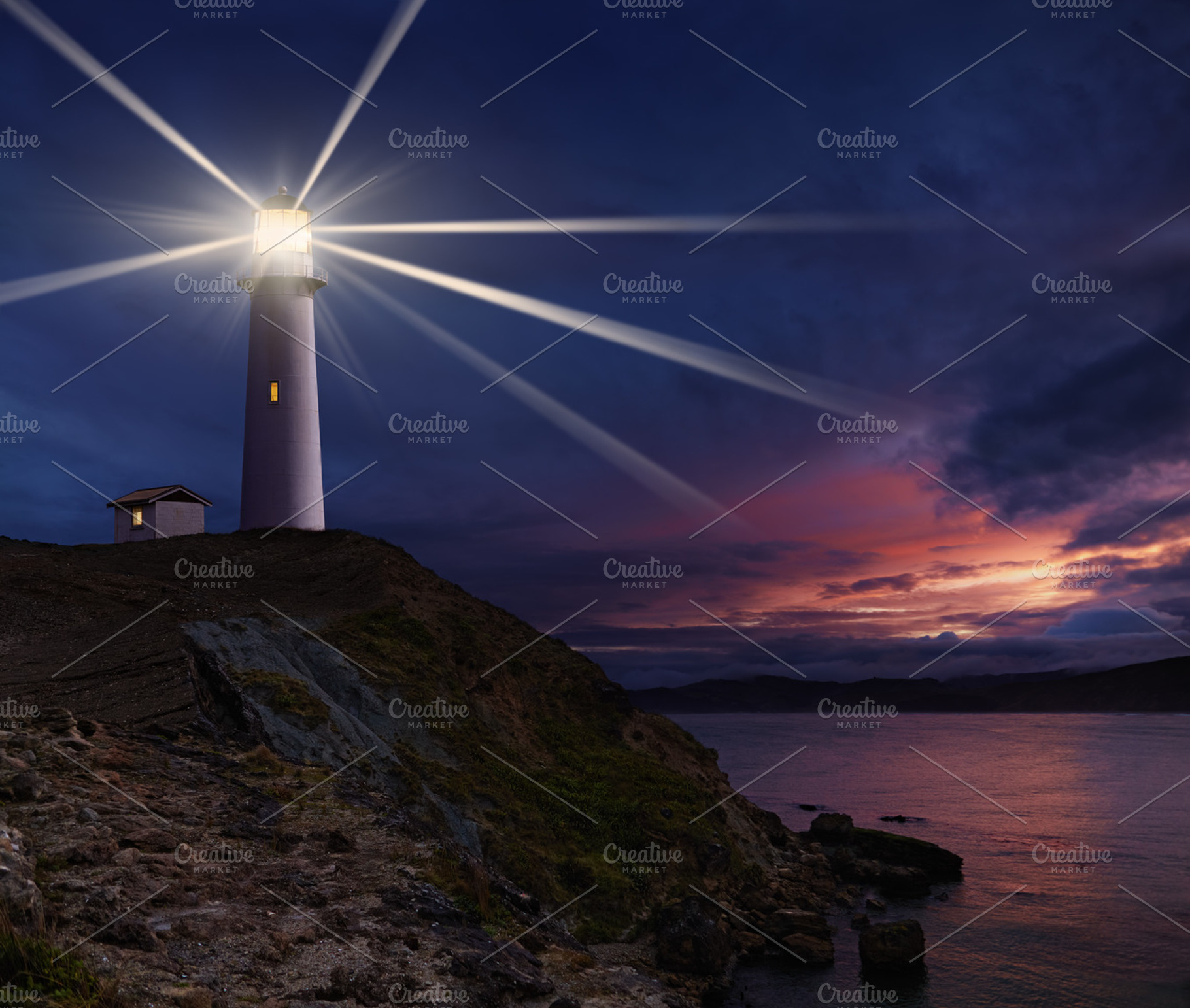 Lighthouse at night stock photo containing bay and beacon, a Nature Photo by Shop Name