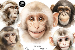 Funny Monkey Faces Clipart Set, an Animal Illustration by Design Scotch