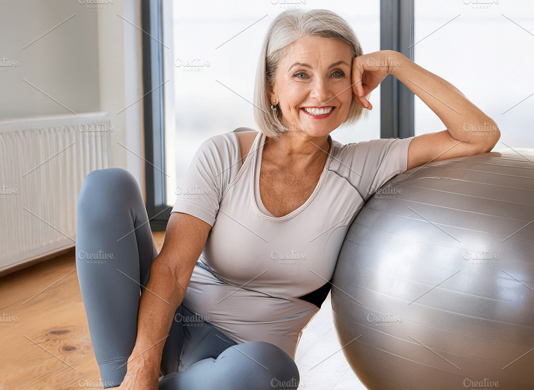 Senior woman leaning on an exercise ball sitting in room, a Sports & Recreation Photo by Davizro's Market