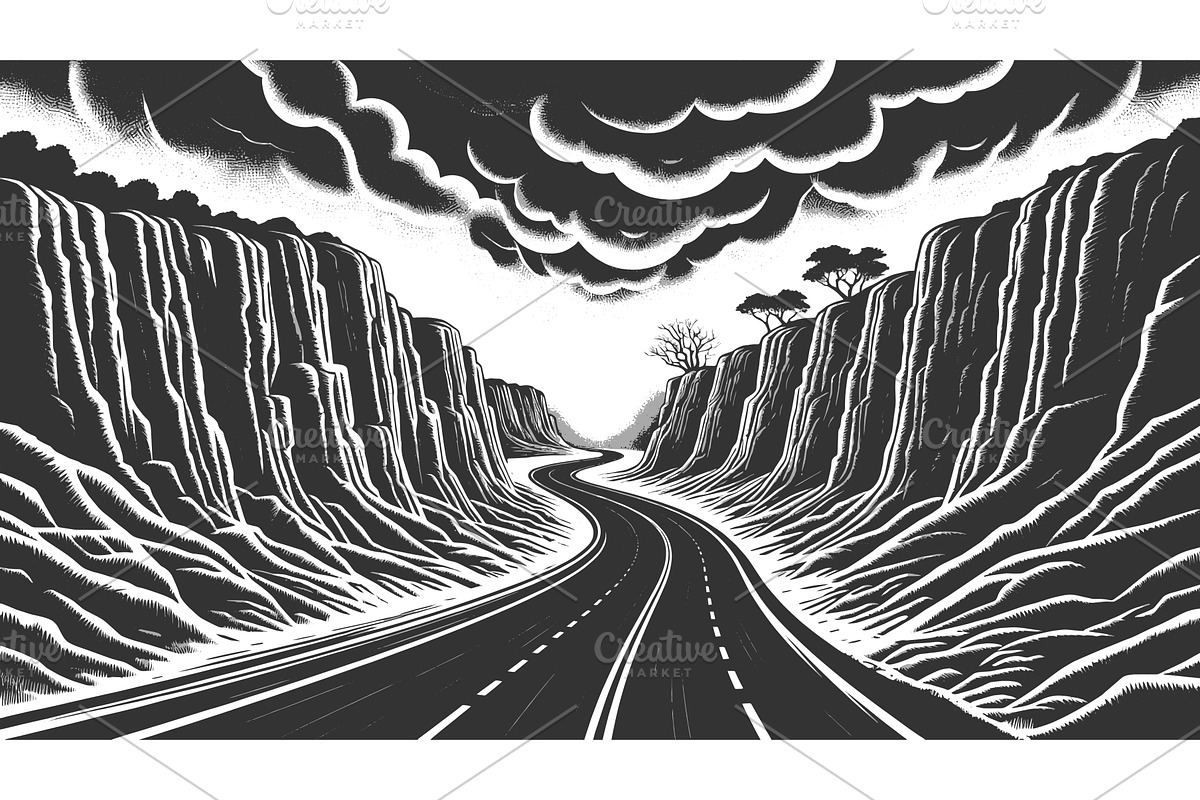 Dark Canyon Road Under Stormy Sky, an Illustration by AlexArt