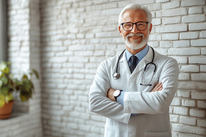 Senior doctor in a white coat smiles, a Photo by Tanuart