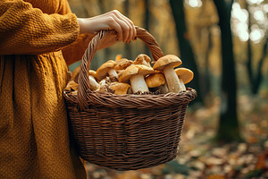 Woman picking wild mushrooms in basket, a Food & Drink Photo by AlyaAnd