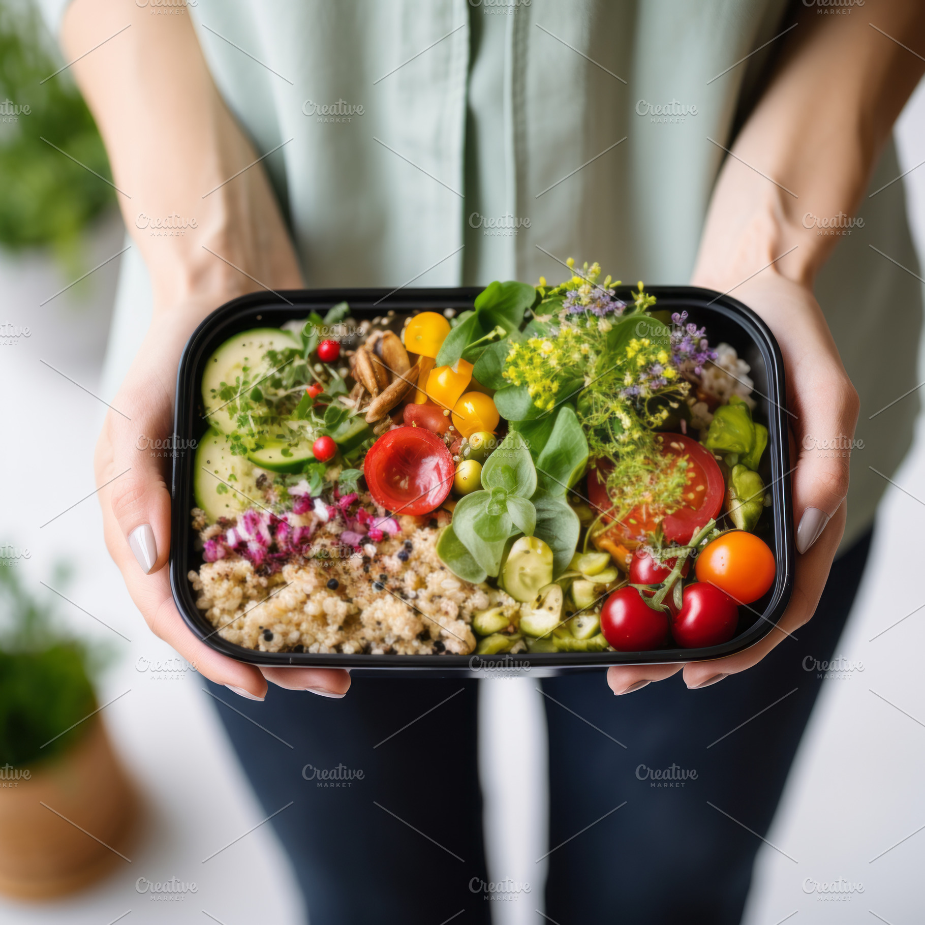 A lifestyle shot of a woman holding container filled with nutritious and portio, a Food & Drink Photo by Natalia Klenova's Shop