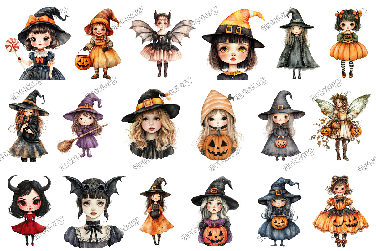 Halloween Girl Watercolor Clipart, an Illustration by designcity5 (Photo 3 of 5)