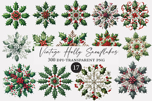 Vintage Holly Snowflakes Clipart, an Illustration by Designworld
