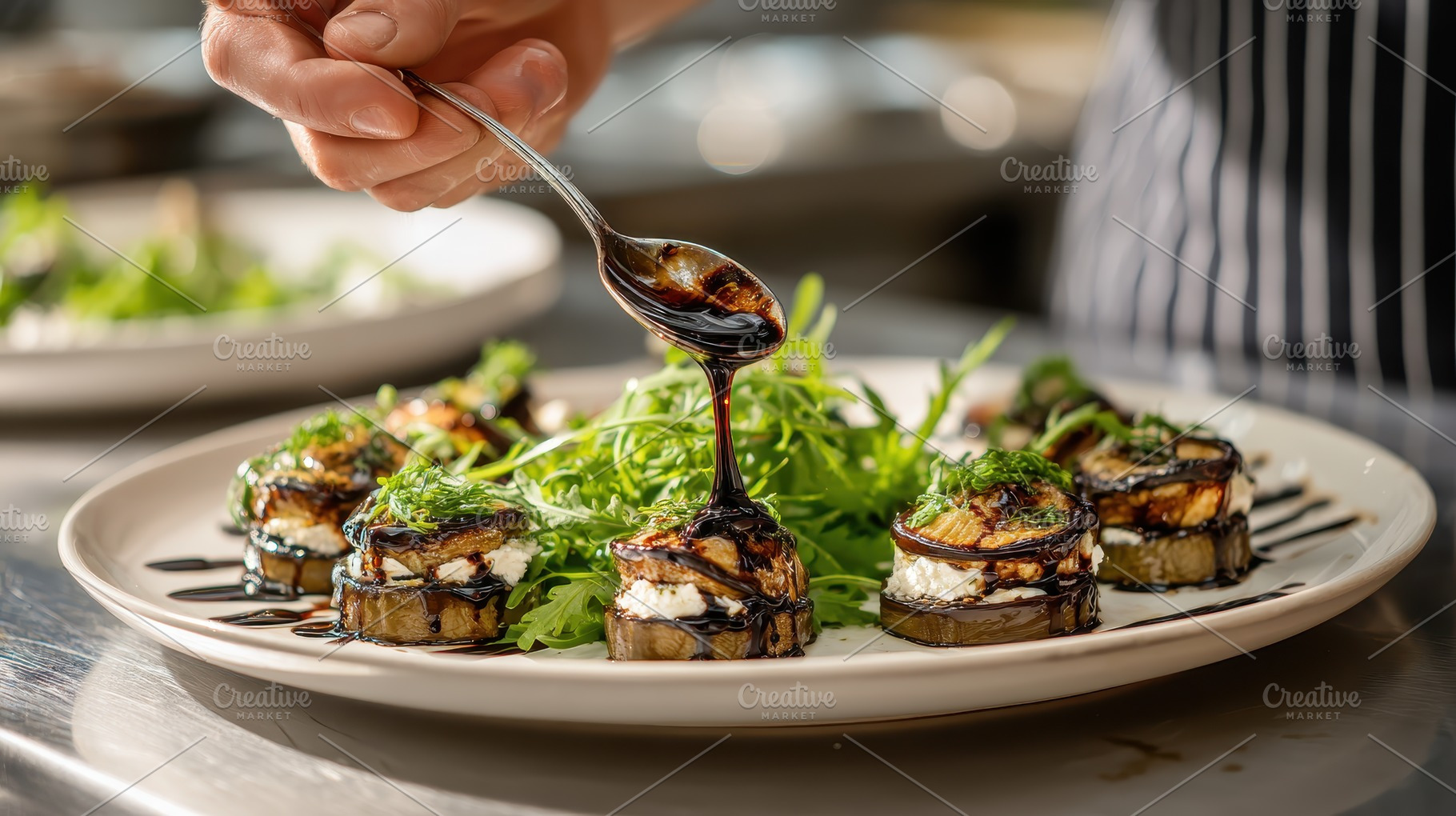 Balsamic Glaze Drizzled over Eggplan, a Photo by Pixeness Studio