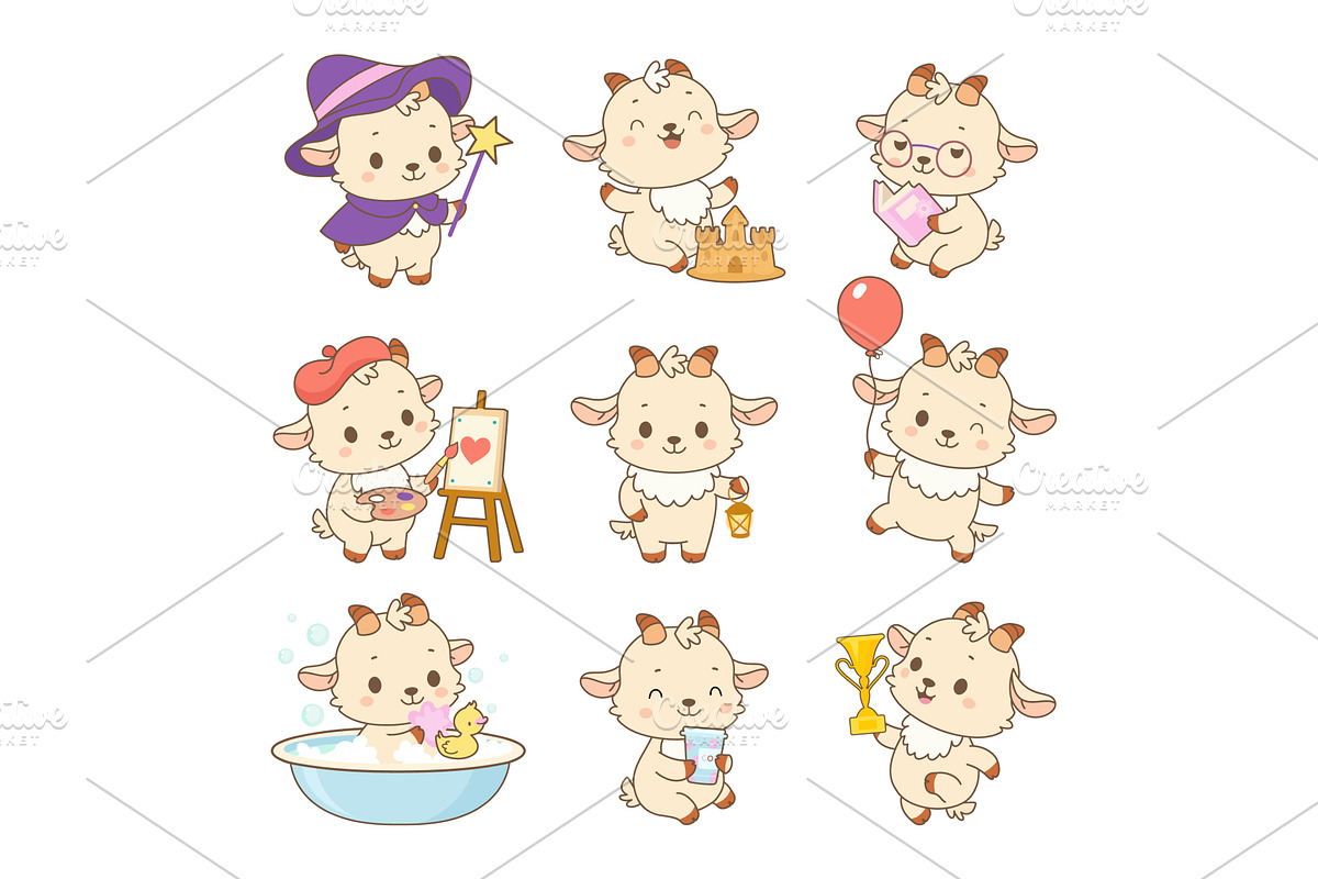 Cartoon kawaii goats. Funny goat, an Animal Illustration by Valerie Bodnar