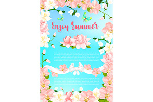 Summer Blooming Flowers Vector Greeting Poster