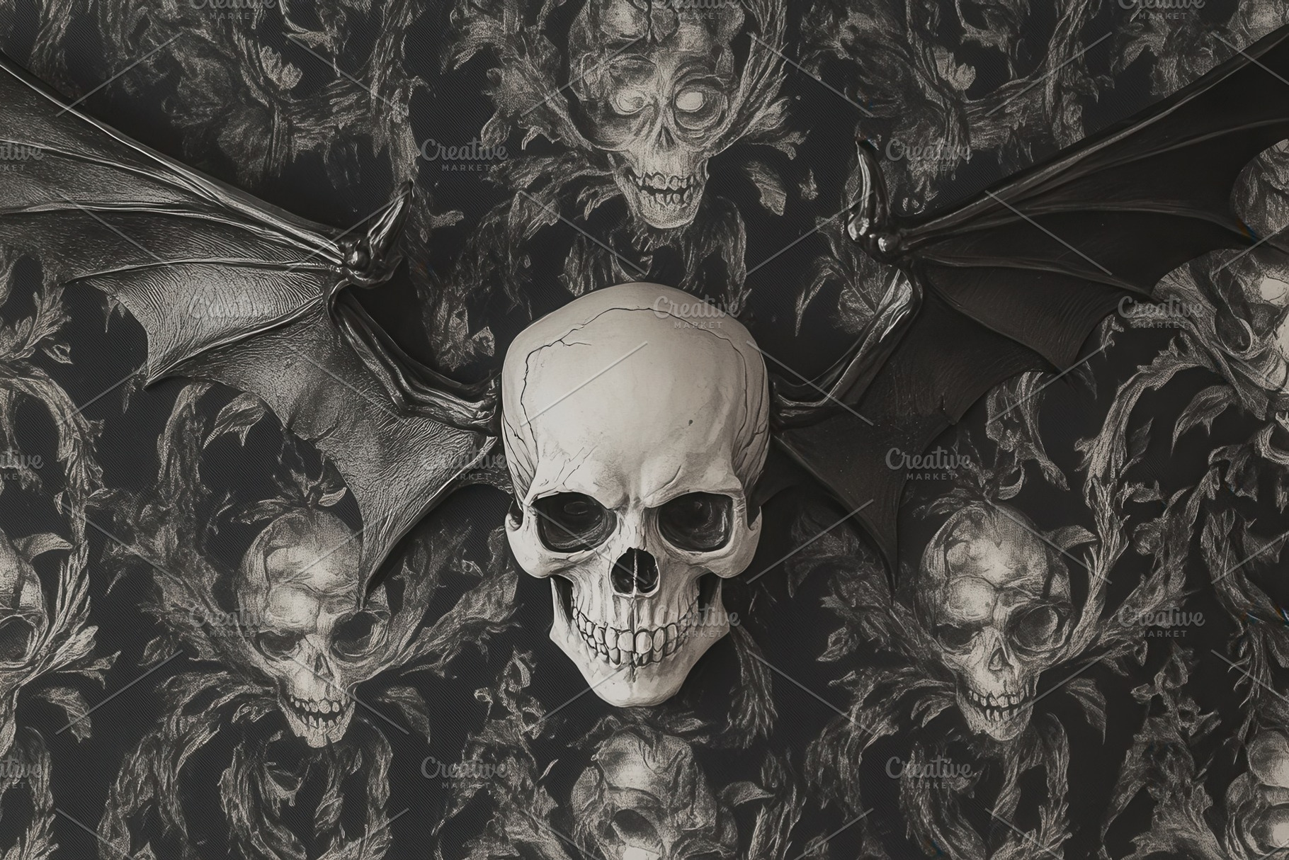 Gothic skulls and bats on a black bg, a Photo by Pavel_design