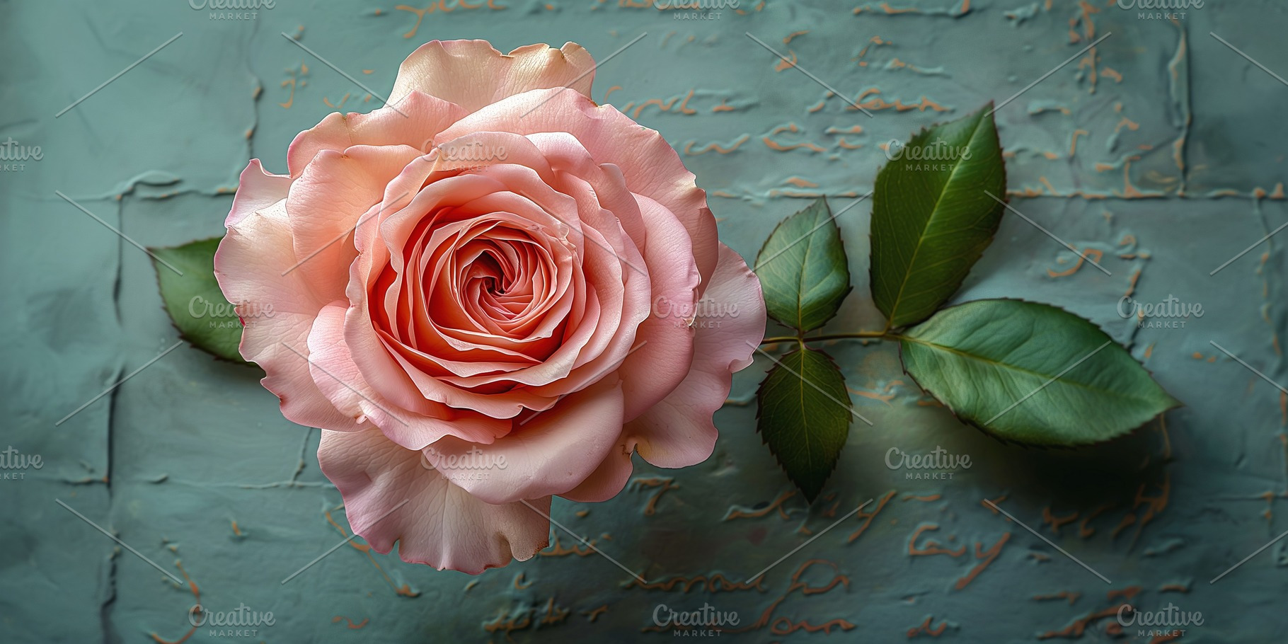 A close-up of a delicate pink rose with lush green leaves, displayed on a textu, a Business Photo by ImageMir