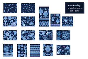 Blue Paisley Seamless Pattern Set