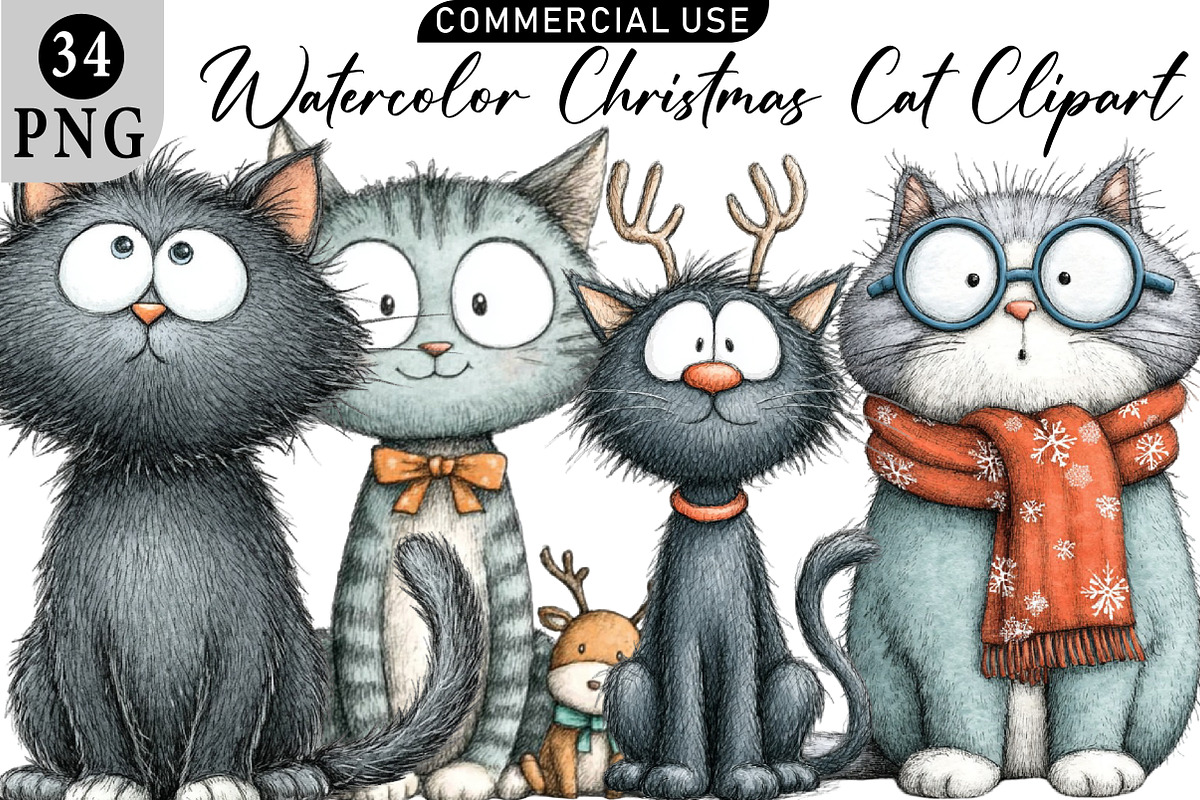 Watercolor Christmas Cat Clipart, an Illustration by Daily.Designs (Photo 1 of 5)