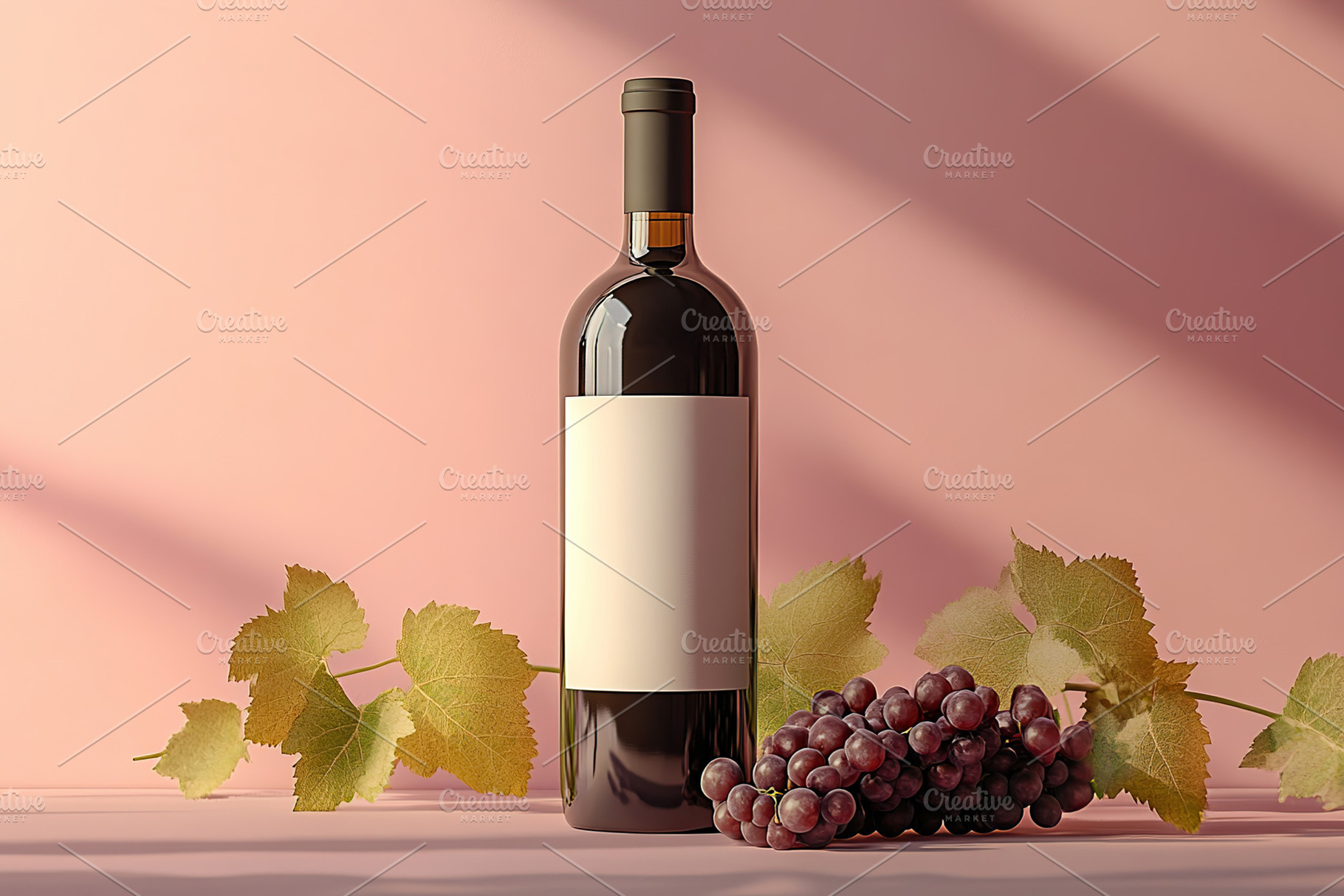 Elegant wine bottle with blank label and fresh grapes on a paste, a Food & Drink Photo by AlyaAnd