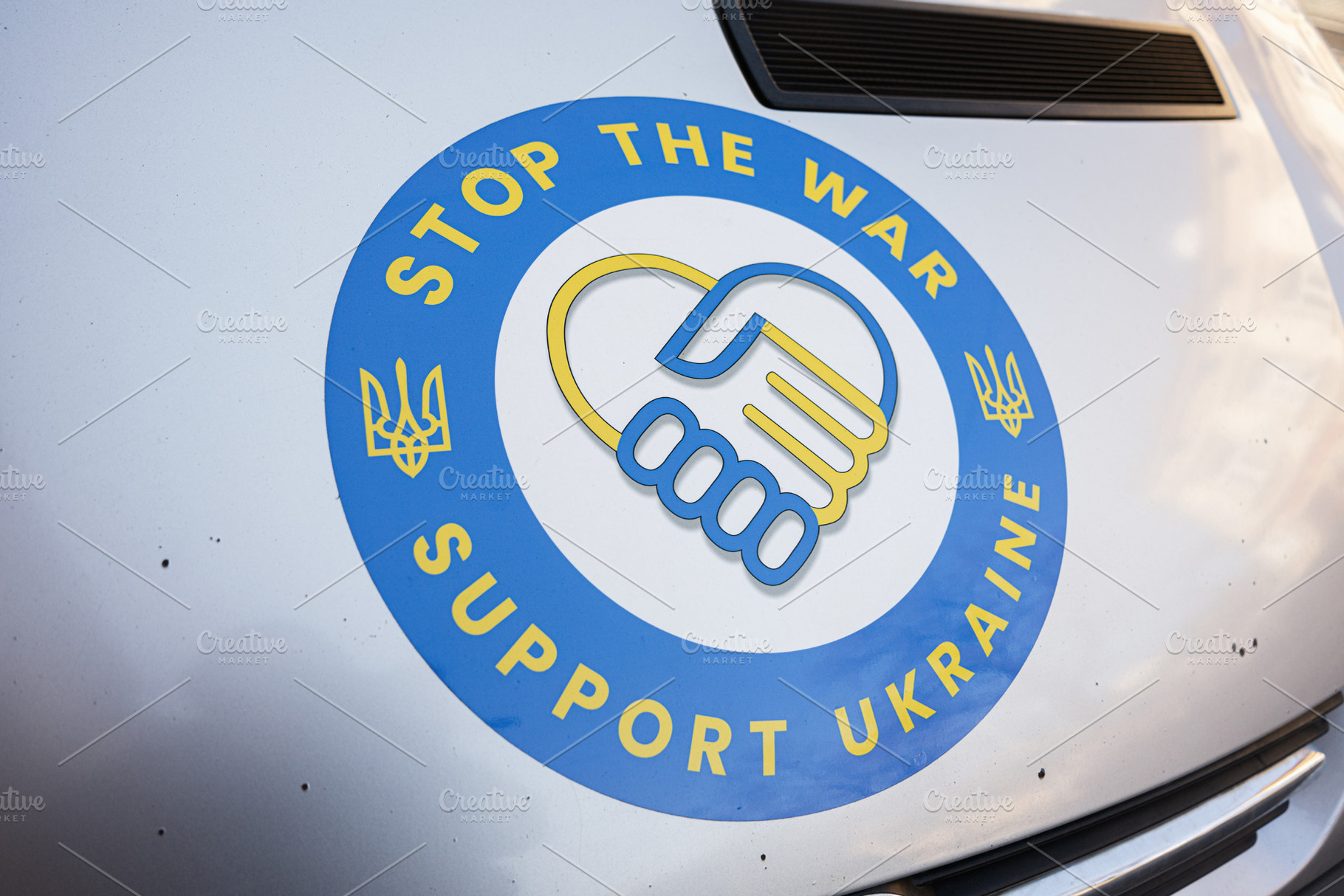 Illustration advocating support for Ukraine with a peace and unity symbol. Stop, a Photo by AS photostudio