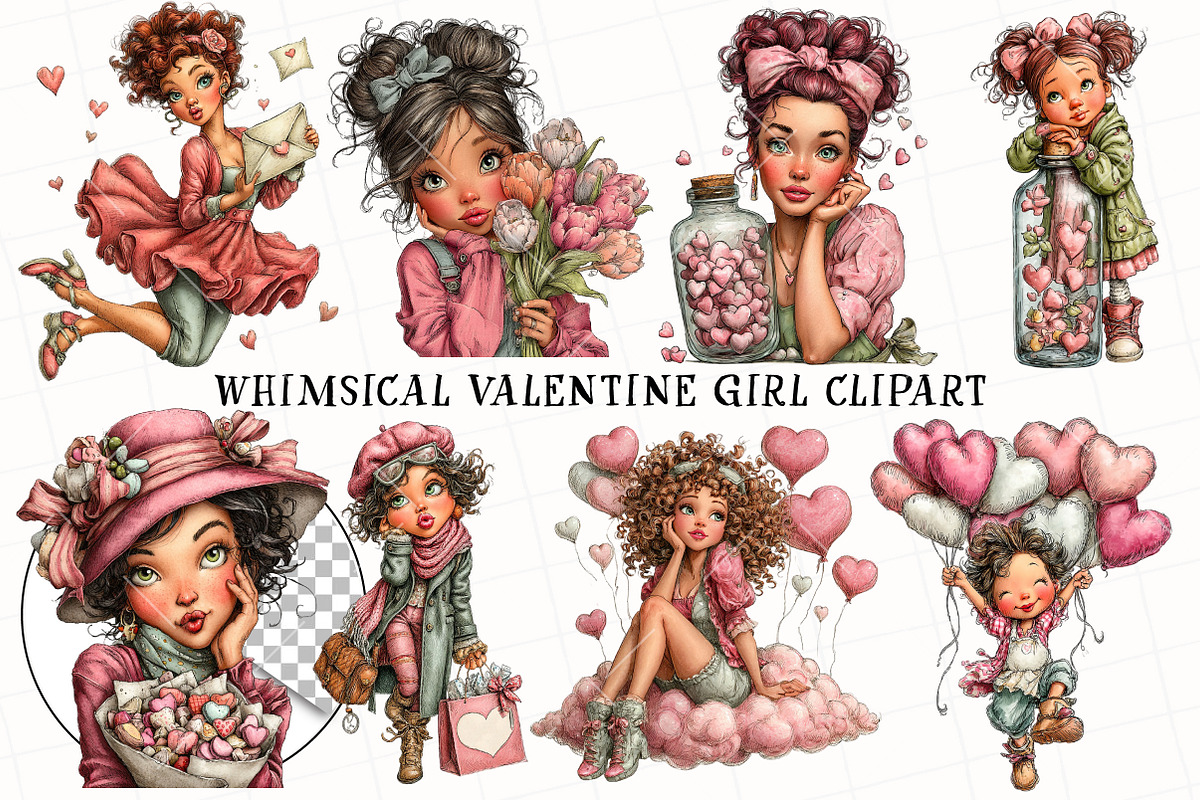 Whimsical Valentine Girl Clipart, an Illustration by OK Design (Photo 2 of 6)