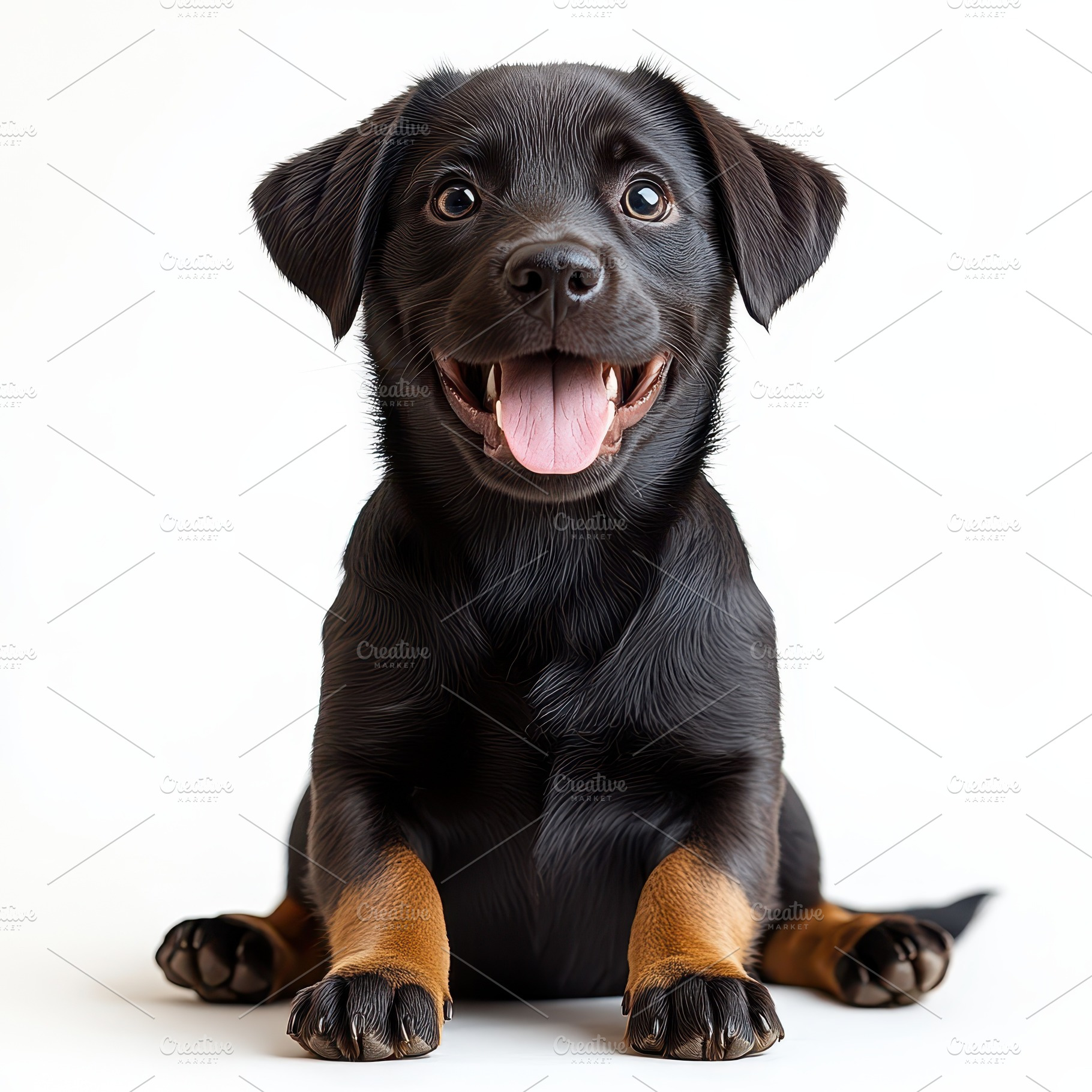 Happy Black Puppy Sitting White Back, an Animal Photo by Pixeness Studio
