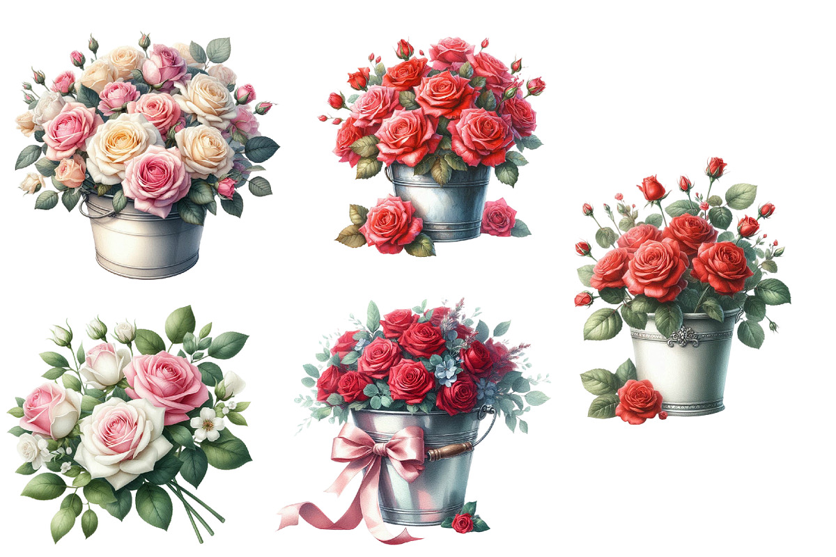 Watercolor Rose Bucket clipart, an Illustration by Designworld (Photo 5 of 5)