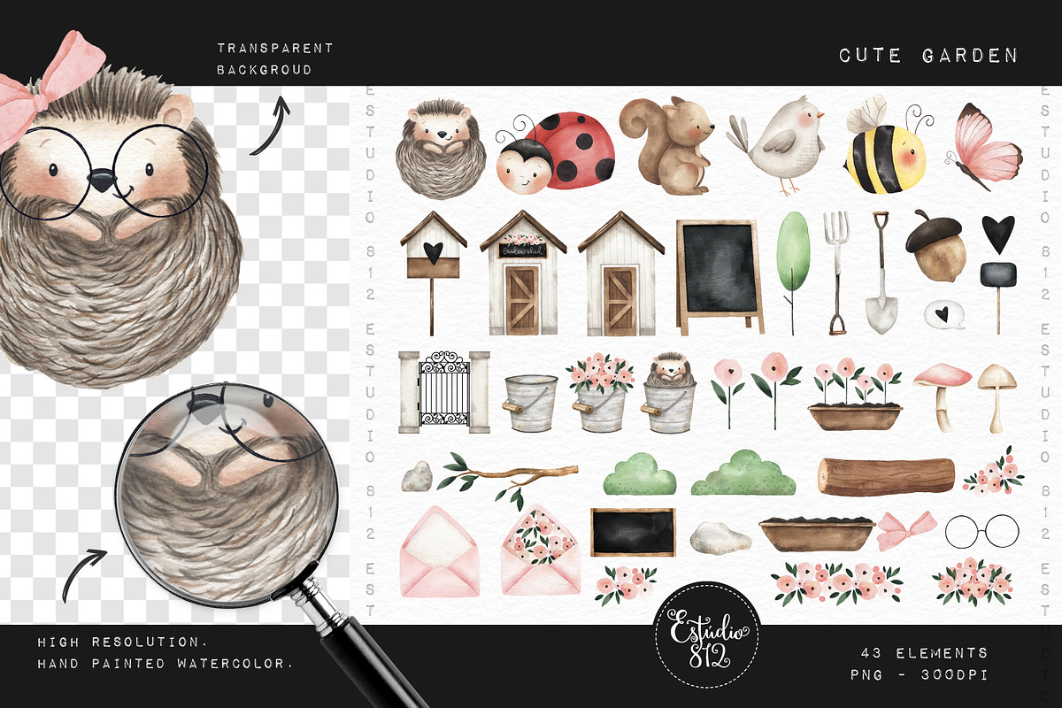 Cute garden watercolor clipart set, an Animal Illustration by Estudio 812 (Photo 2 of 8)