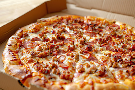 Fresh homemade pizza with cheese and meat in cardboard box, a Food & Drink Photo by AlyaAnd