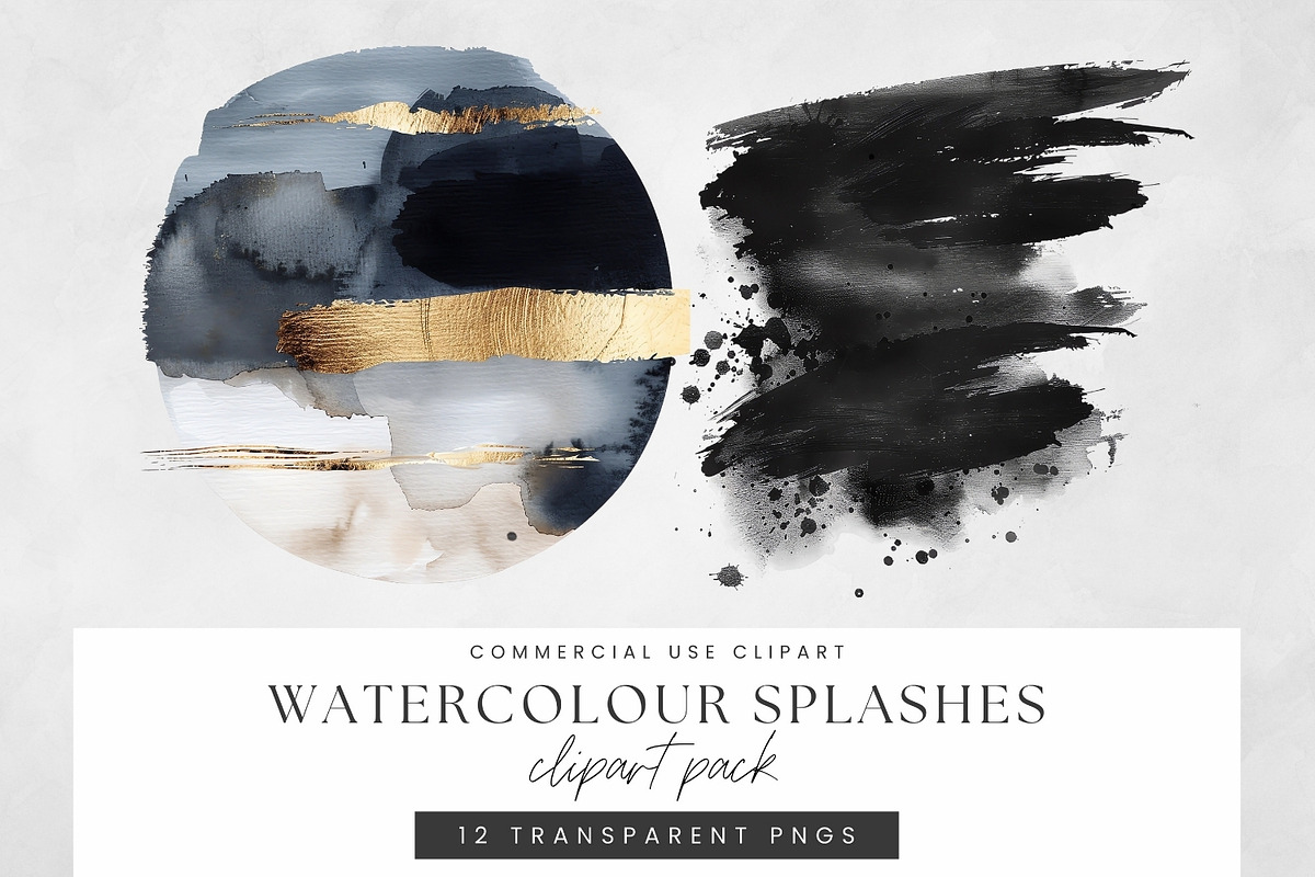Black and Gold Watercolor Washes PNG, a Decorative Illustration by illuztrate (Photo 2 of 7)