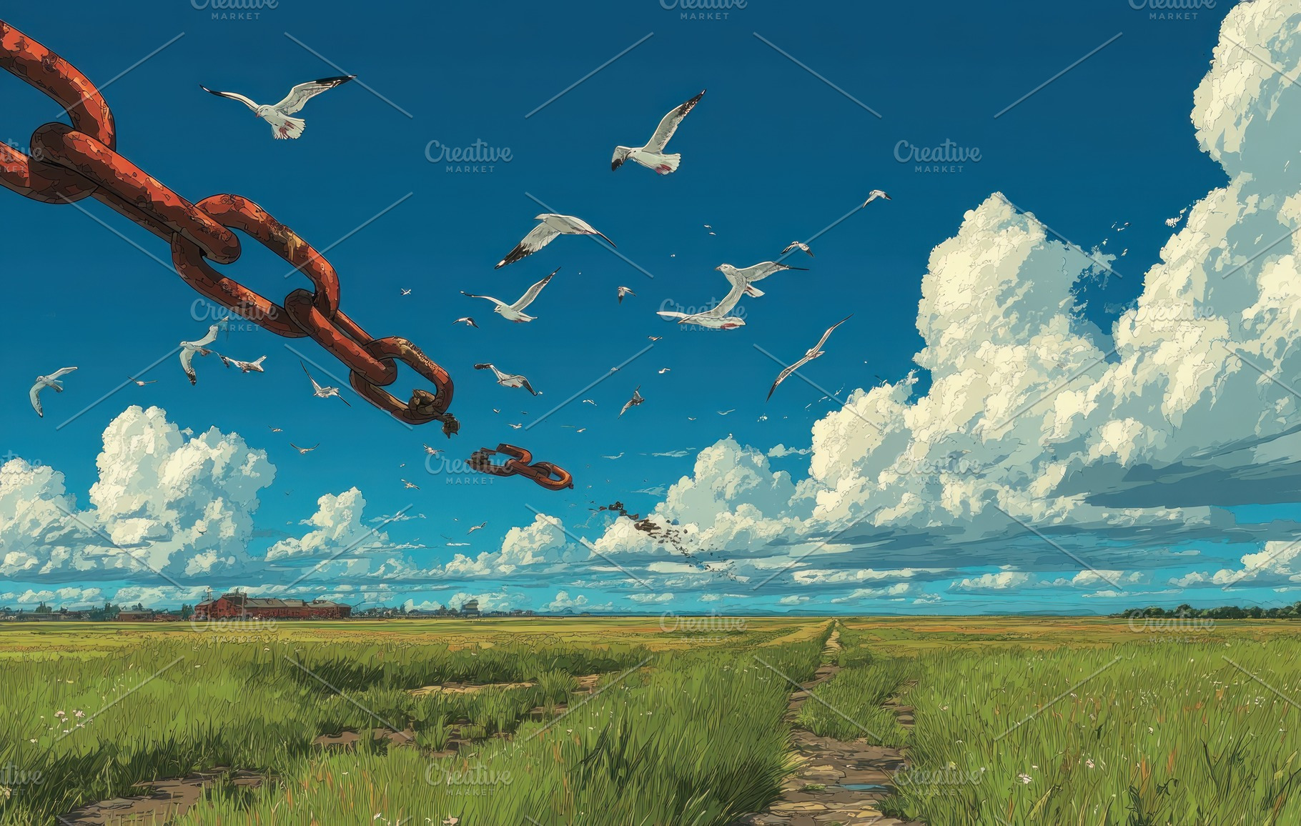Flock of birds soaring from a shattered red chain above a green, a Person Photo by José Manuel Gelpi