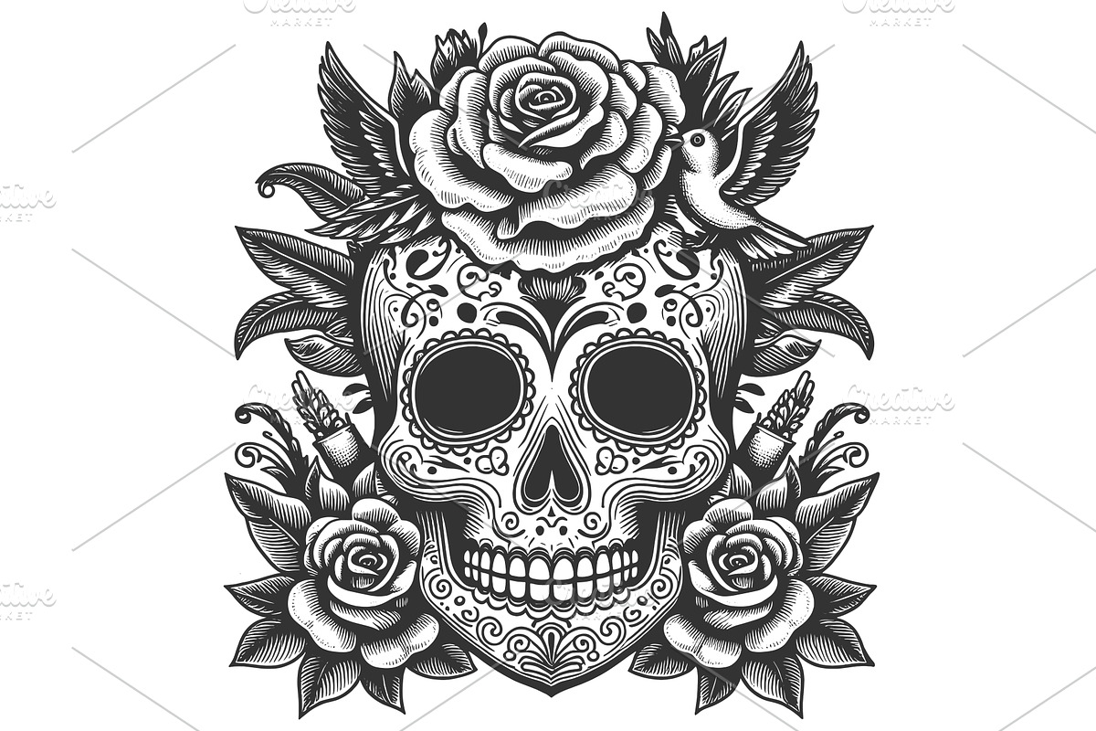 Sugar Skull Roses and Bird vector, an Illustration by AlexArt