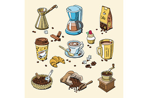 Coffee Set Coffeebeans And Coffeecup Vector Drink Hot Espresso Or Cappuccino In Coffeeshop And Mug With Caffeine In Bar Illustration Isolated On Backg