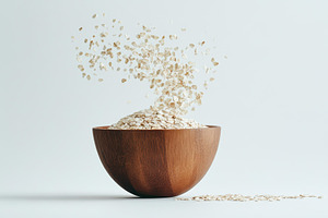 Oats flying from a wooden bowl on a, a Photo by Tanuart